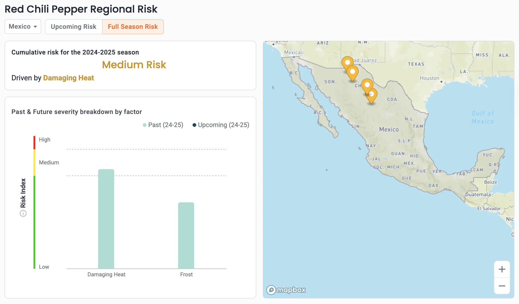 A map of Mexico showing a medium risk of excessive heat reducing yields of chili pepper for 2025. 